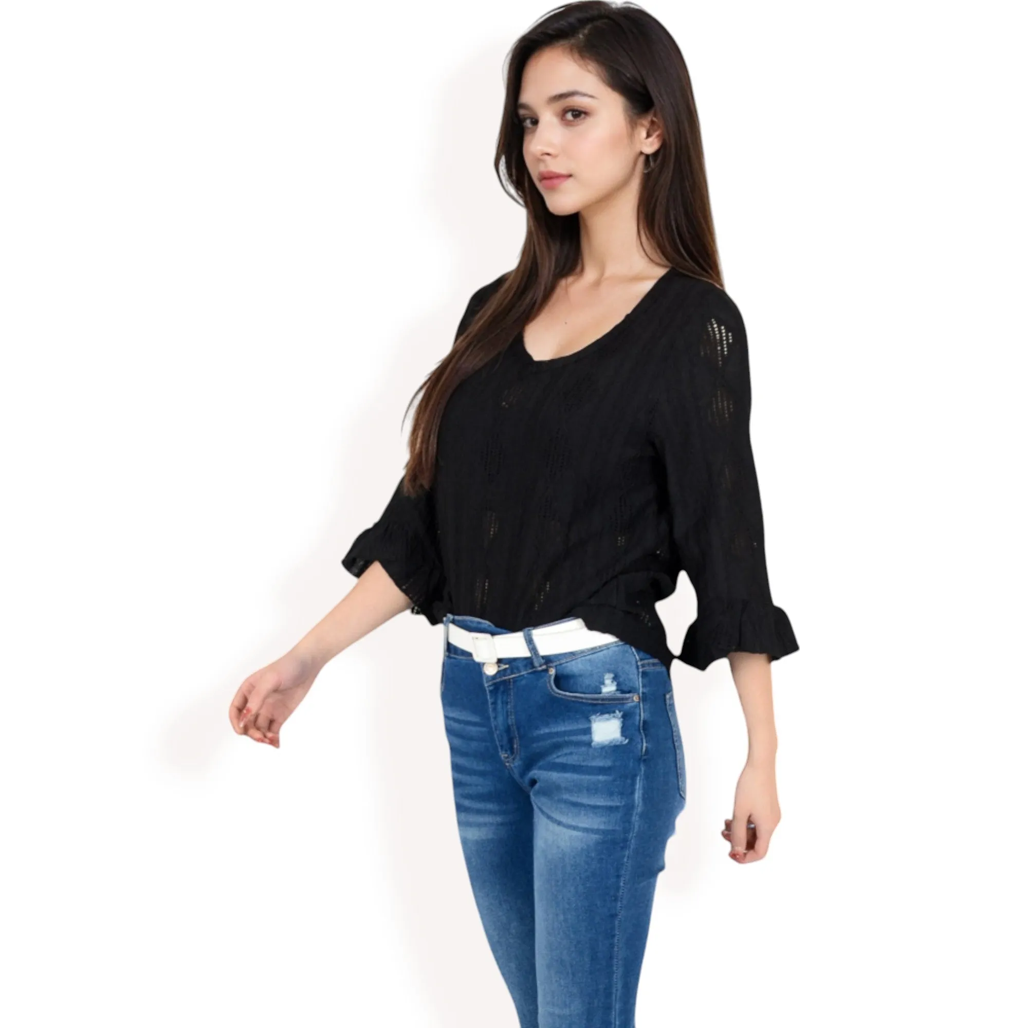 Anna-Kaci Women's 3/4 Sleeve V-Neck Blouse with Geometric Eyelet Pattern