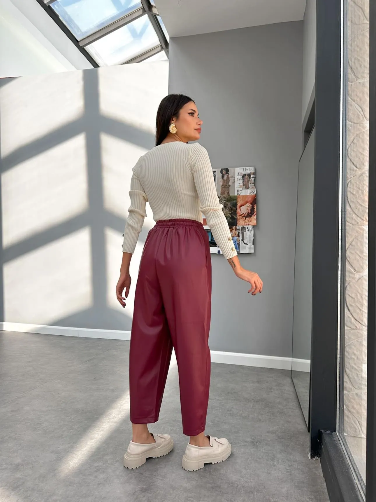 Waist Elastic Laced Leather Trousers